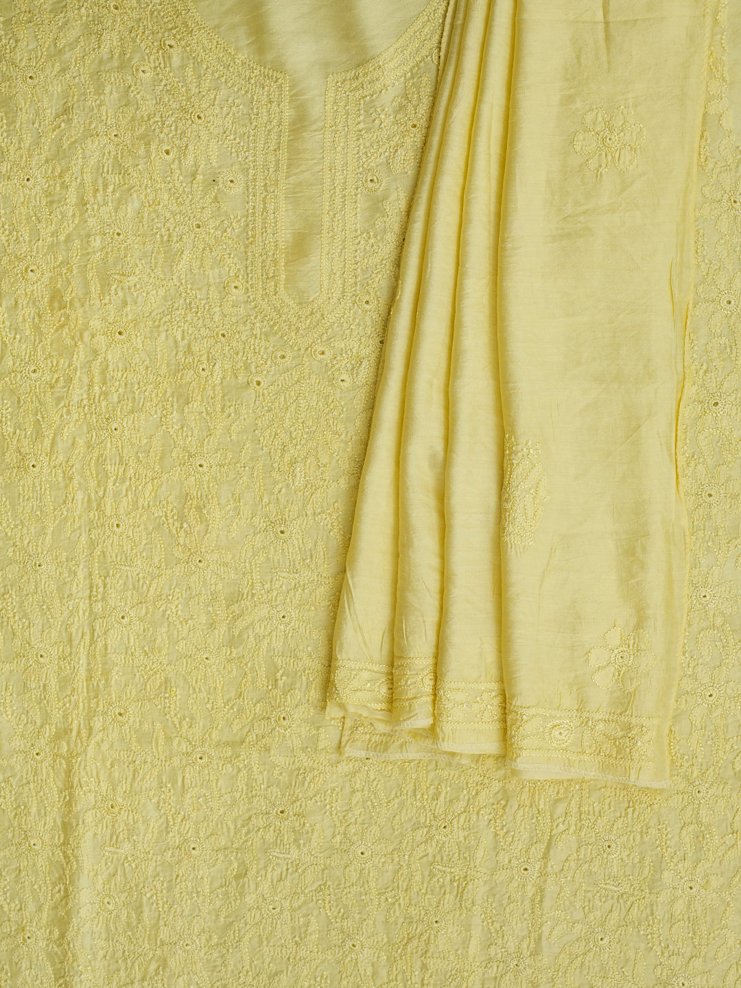 Women’s Lemon Lucknowi Chikankari Chanderi Kurta Dupatta Set