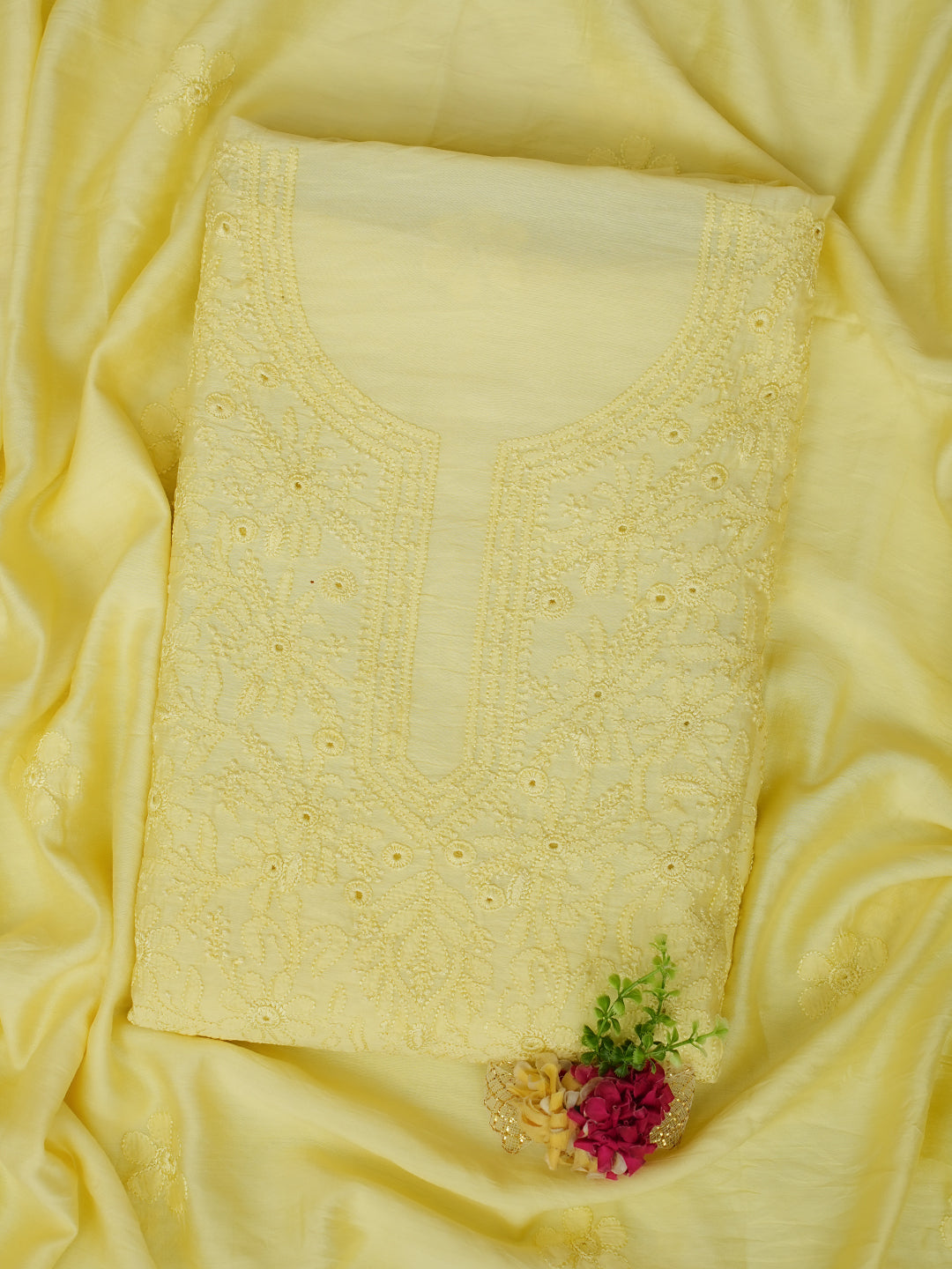 Ada Hand Embroidered Lemon Chanderi Lucknowi Chikankari Unstitched Kurta Dupatta Set