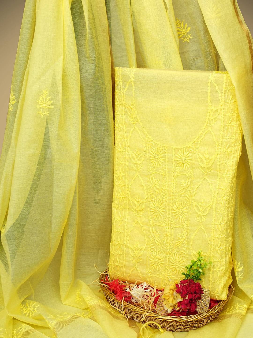 Ada Hand Embroidered Lemon Chanderi Lucknowi Chikankari Unstitched Kurta Dupatta Set 01A932399