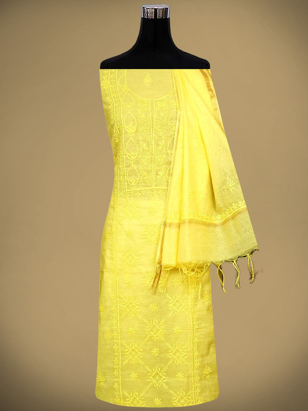 Ada Hand Embroidered Lemon Chanderi Lucknowi Chikankari Unstitched Kurta Dupatta Set 01A932399