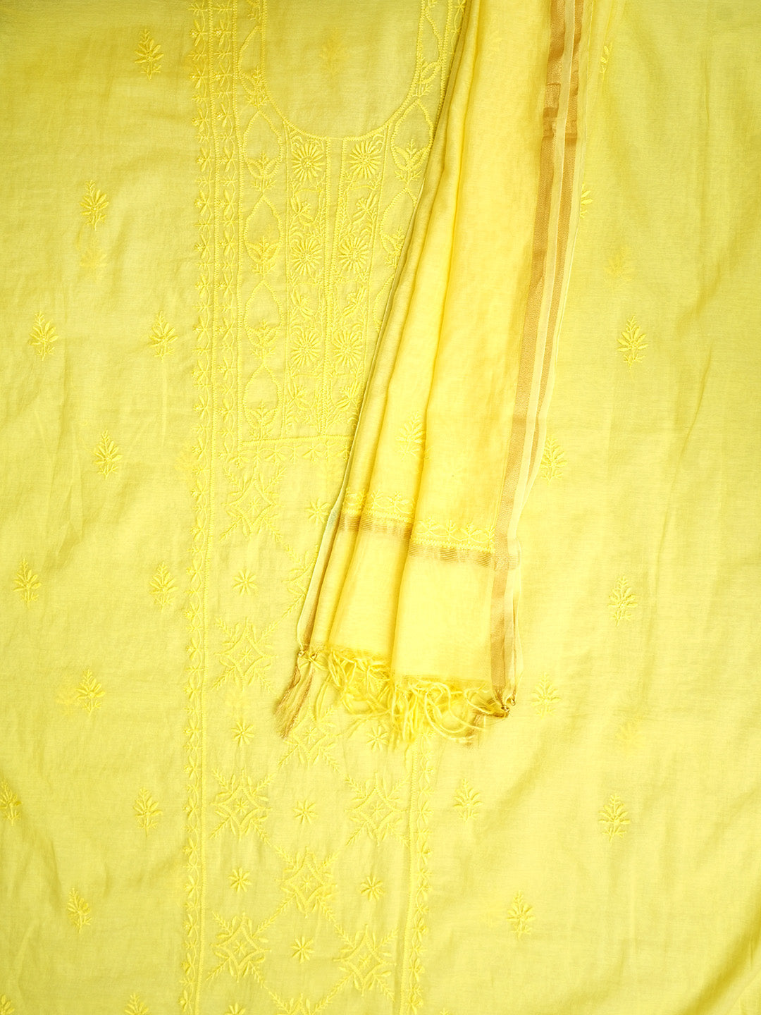 Ada Hand Embroidered Lemon Chanderi Lucknowi Chikankari Unstitched Kurta Dupatta Set 01A932399