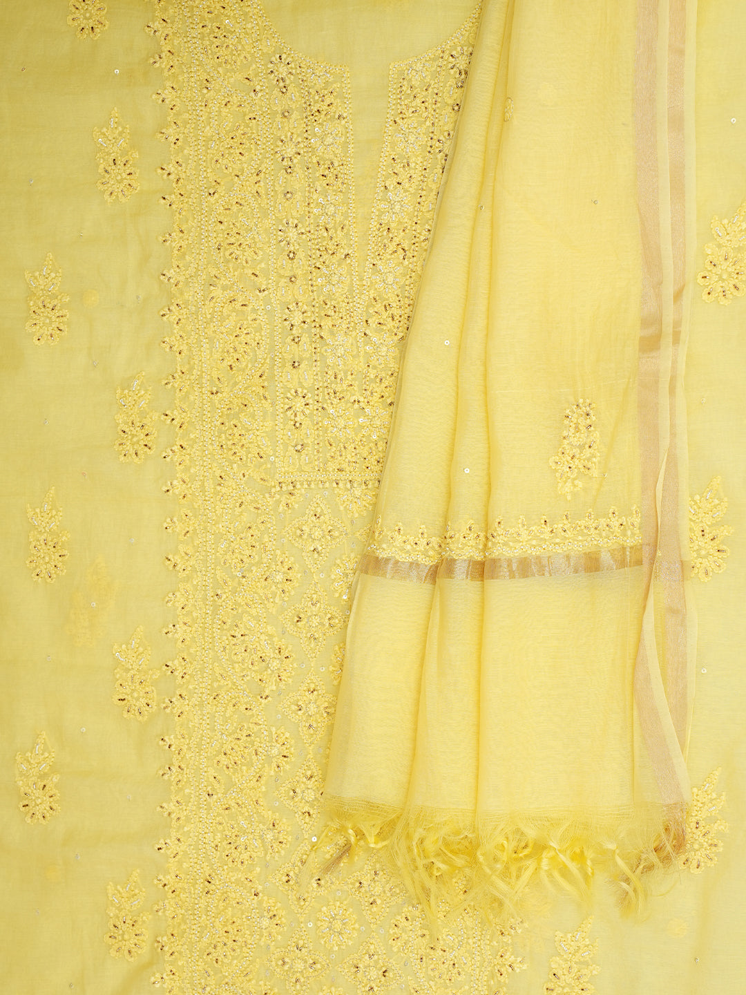 Ada Hand Embroidered Lemon Chanderi Lucknowi Chikankari Unstitched Kurta Dupatta Set With Cutdana Work 01A790451