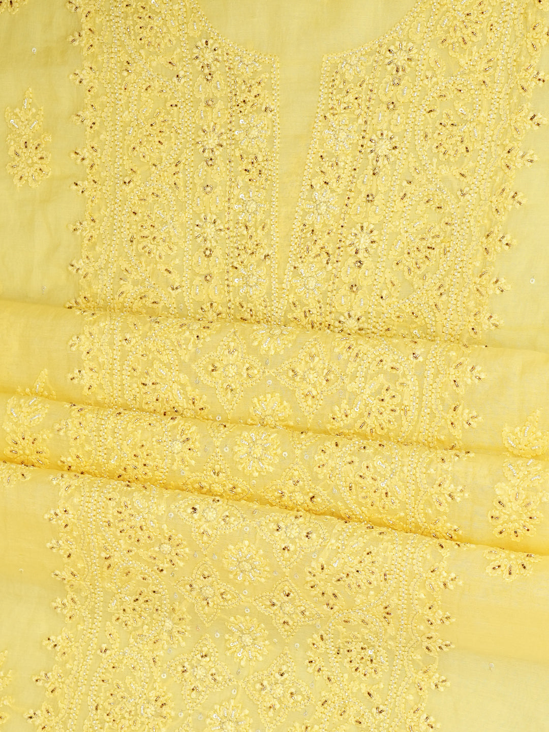 Ada Hand Embroidered Lemon Chanderi Lucknowi Chikankari Unstitched Kurta Dupatta Set With Cutdana Work 01A790451