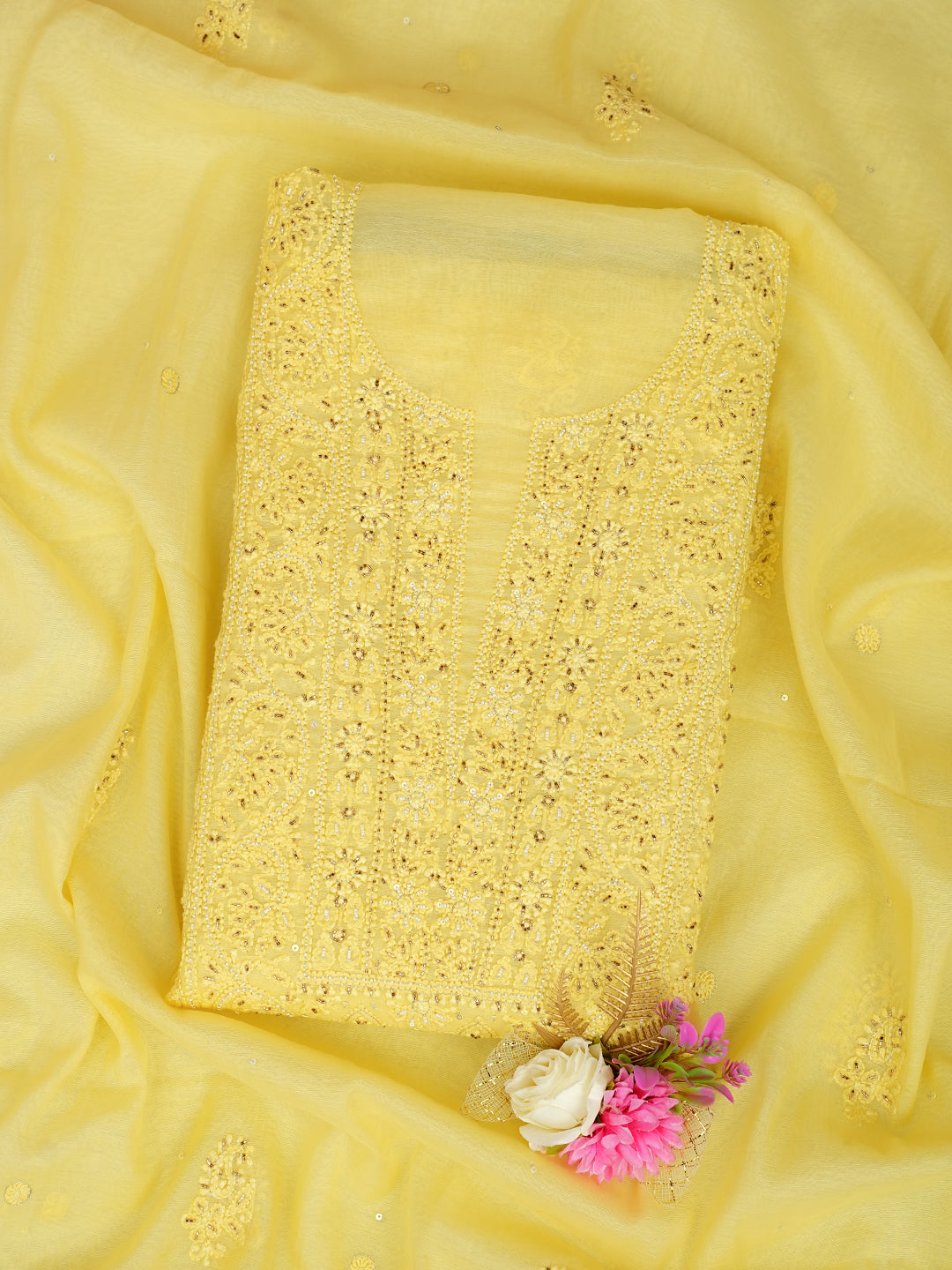 Ada Hand Embroidered Lemon Chanderi Lucknowi Chikankari Unstitched Kurta Dupatta Set With Cutdana Work 01A790451