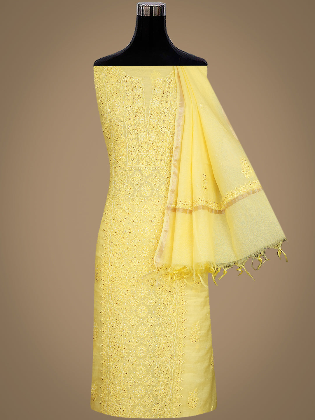 Ada Hand Embroidered Lemon Chanderi Lucknowi Chikankari Unstitched Kurta Dupatta Set With Cutdana Work 01A790451