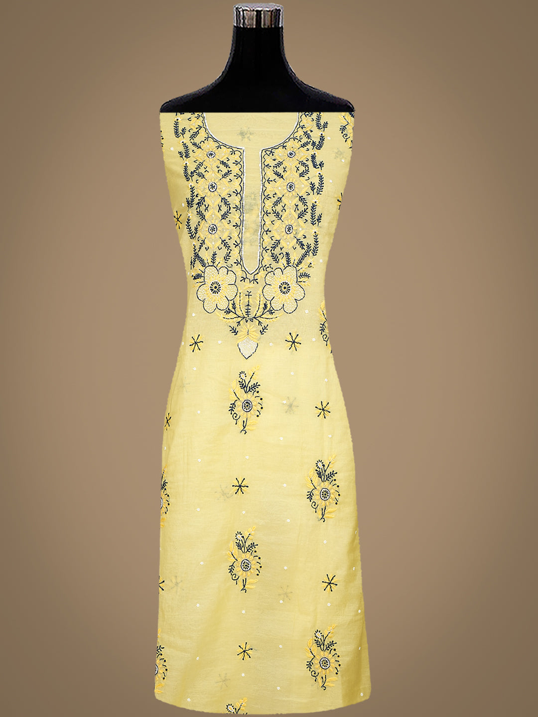 Ada Hand Embroidered Lemon Chanderi Lucknowi Chikankari Unstitched Kurta Dupatta Set With Cutdana Work 01A975429