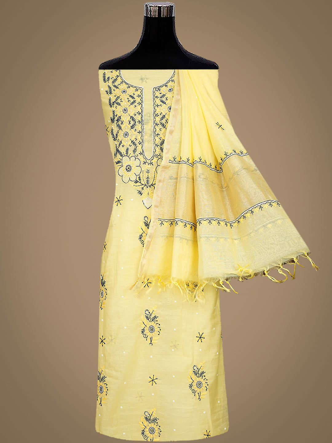 Ada Hand Embroidered Lemon Chanderi Lucknowi Chikankari Unstitched Kurta Dupatta Set With Cutdana Work 01A975429