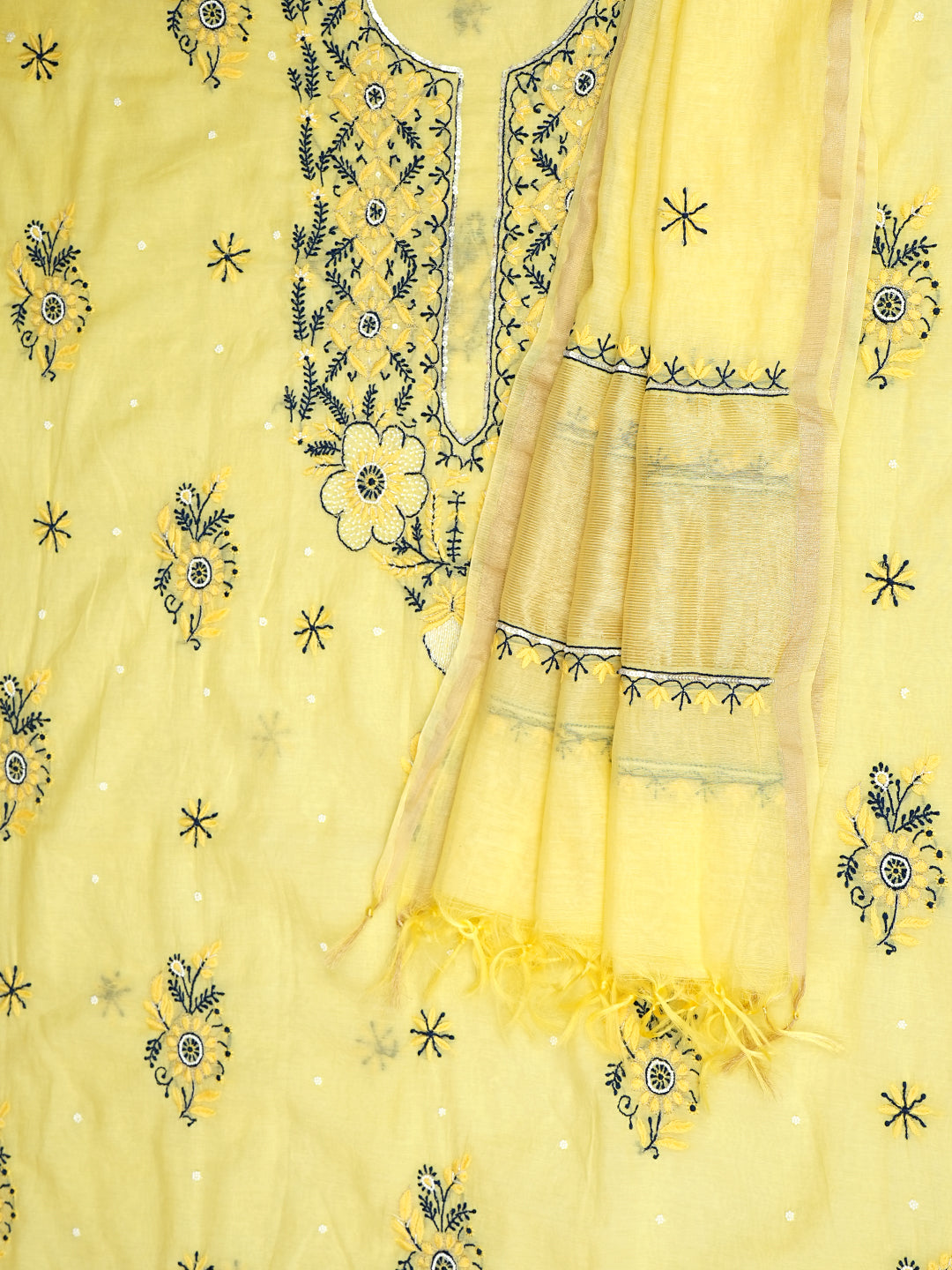 Ada Hand Embroidered Lemon Chanderi Lucknowi Chikankari Unstitched Kurta Dupatta Set With Cutdana Work 01A975429