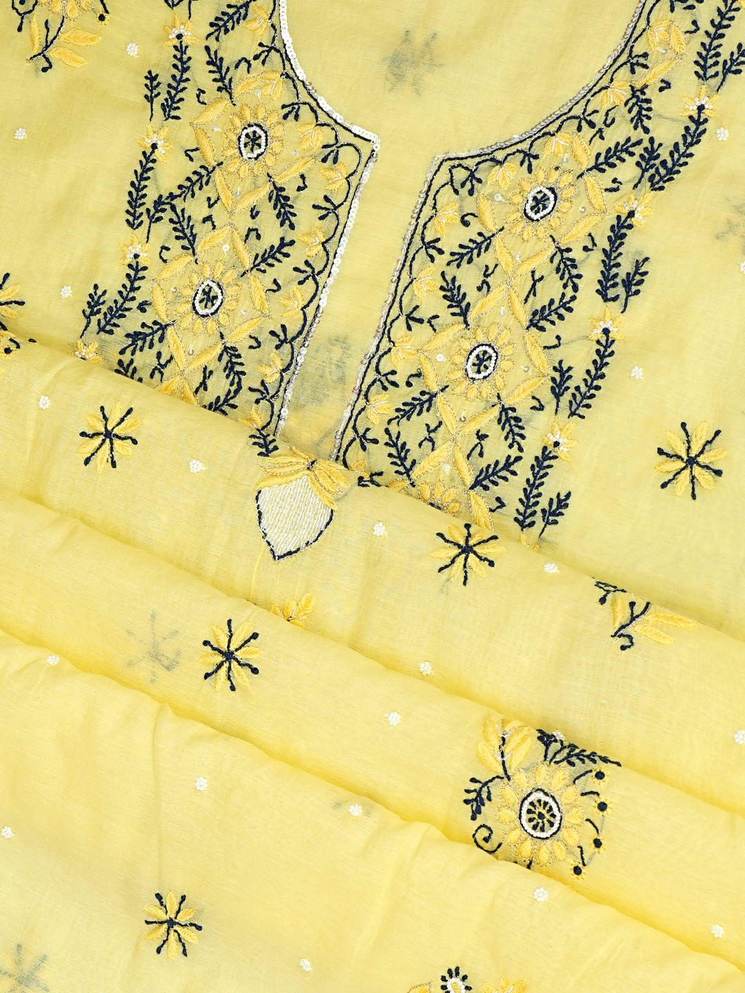Ada Hand Embroidered Lemon Chanderi Lucknowi Chikankari Unstitched Kurta Dupatta Set With Cutdana Work 01A975429