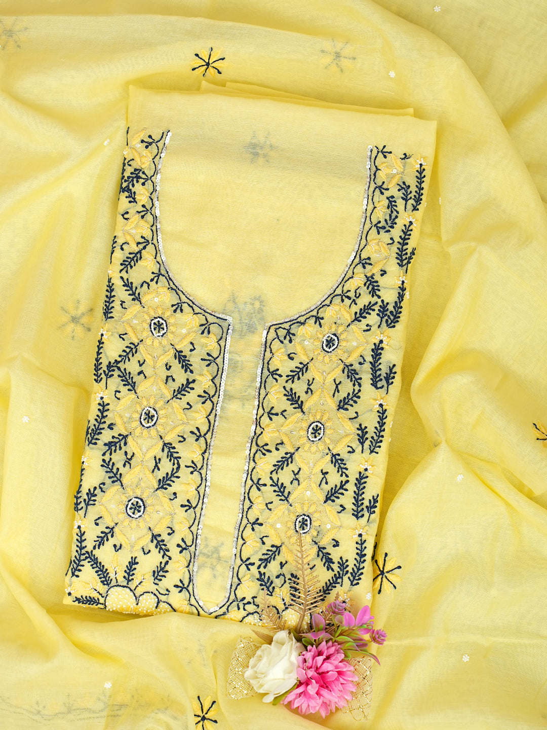 Ada Hand Embroidered Lemon Chanderi Lucknowi Chikankari Unstitched Kurta Dupatta Set With Cutdana Work 01A975429