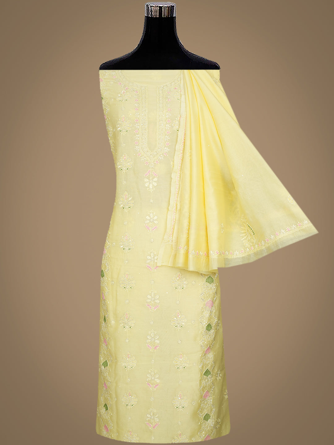 Ada Hand Embroidered Lemon Chanderi Lucknowi Chikankari Unstitched Kurta Dupatta Set With Zari Work 01A983143