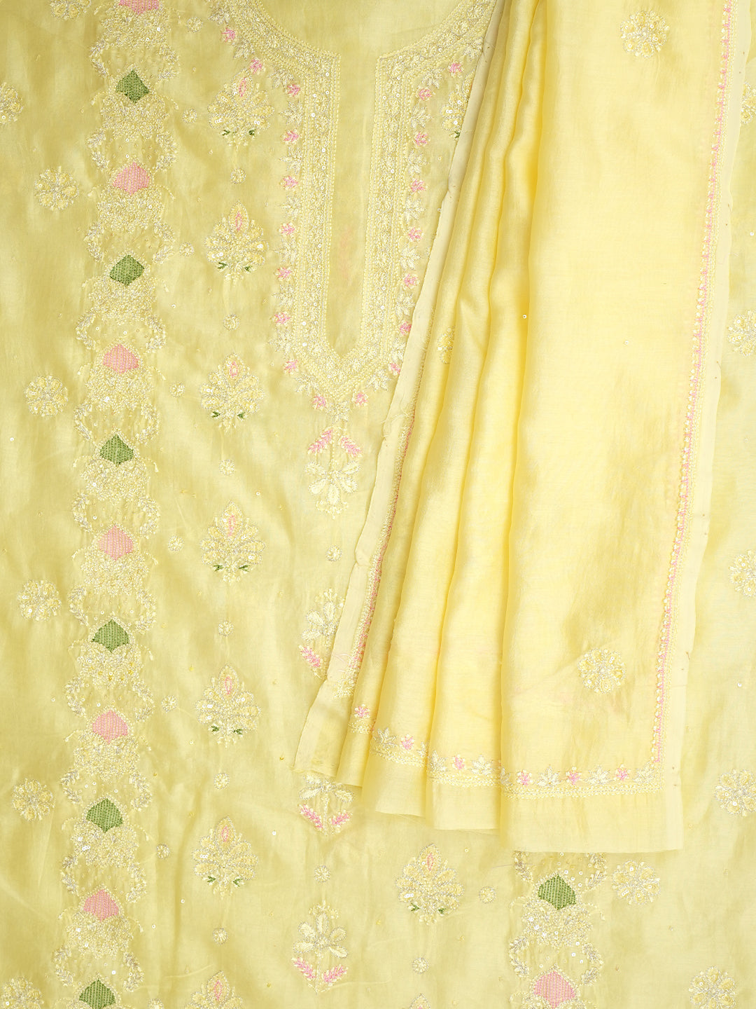 Ada Hand Embroidered Lemon Chanderi Lucknowi Chikankari Unstitched Kurta Dupatta Set With Zari Work 01A983143