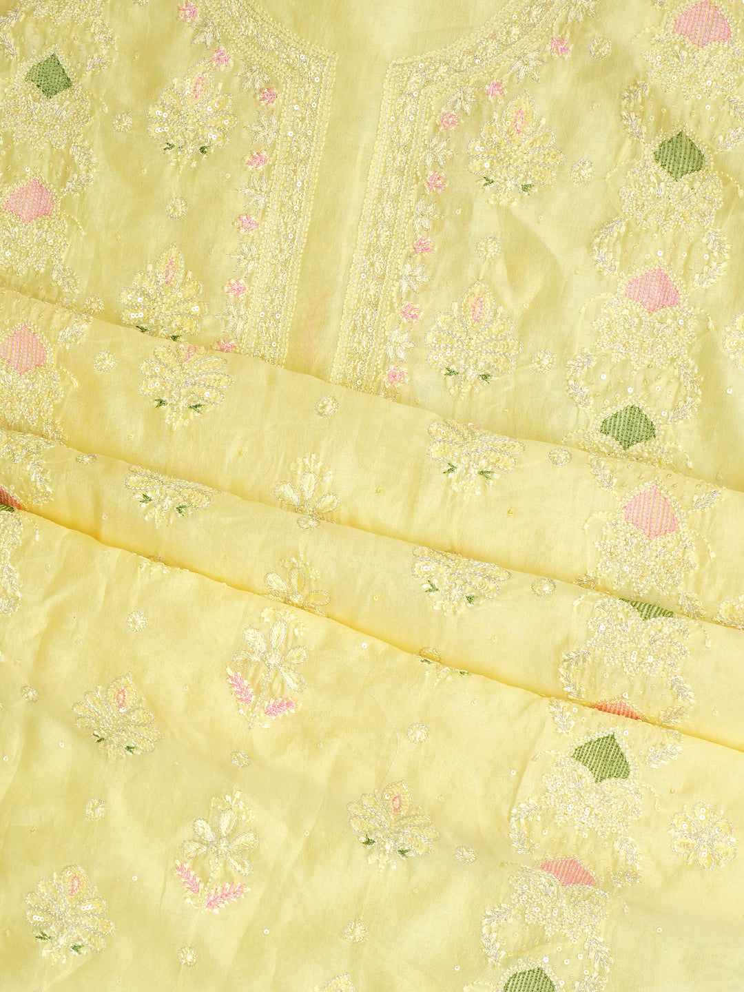 Ada Hand Embroidered Lemon Chanderi Lucknowi Chikankari Unstitched Kurta Dupatta Set With Zari Work 01A983143