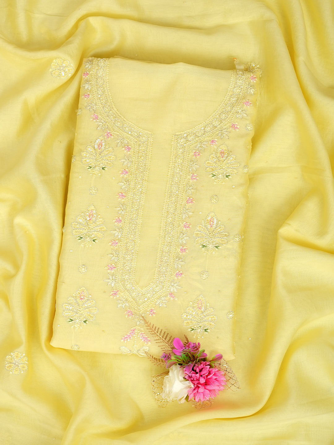 Ada Hand Embroidered Lemon Chanderi Lucknowi Chikankari Unstitched Kurta Dupatta Set With Zari Work 01A983143