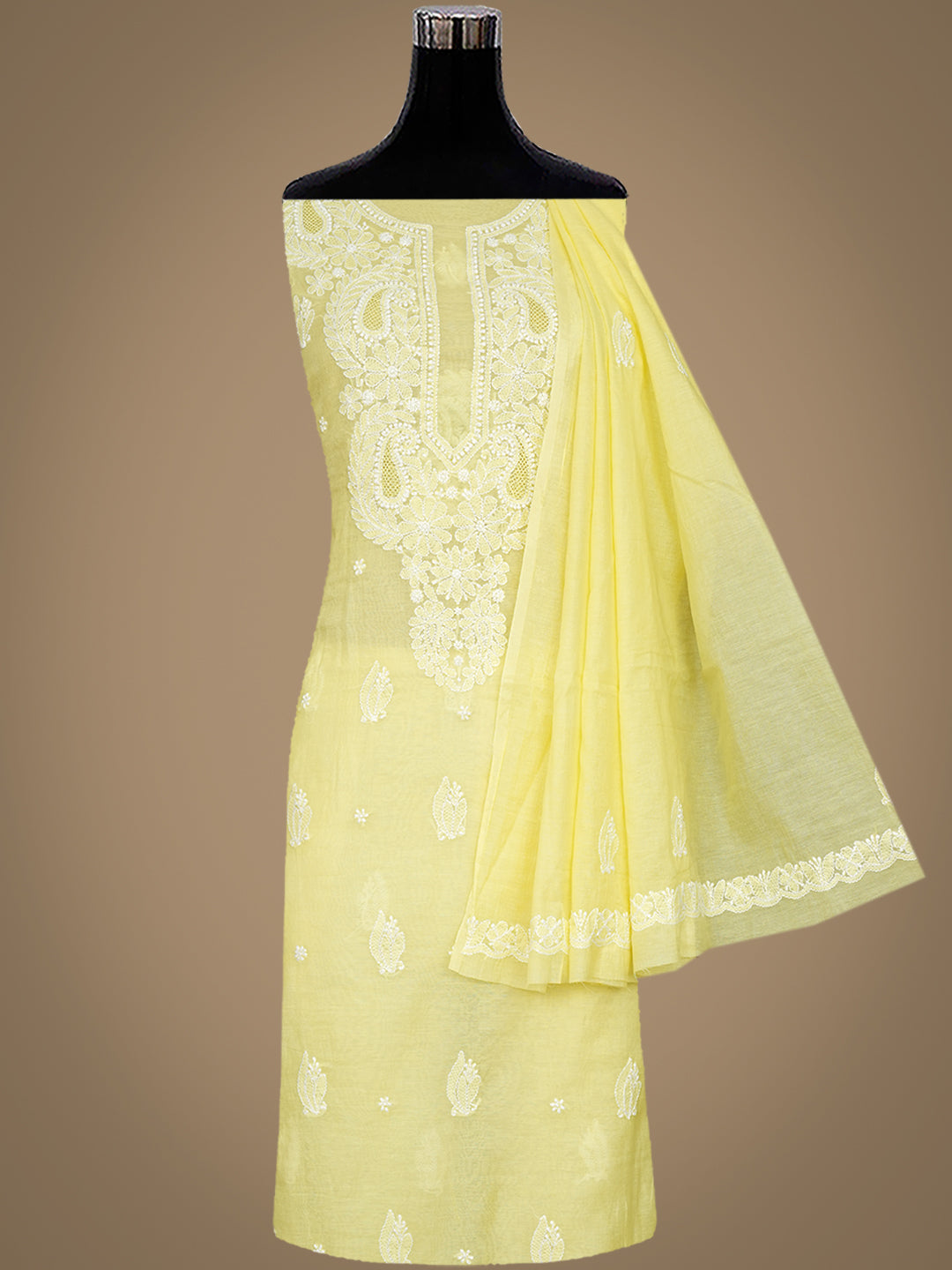 Ada Hand Embroidered Lemon Chanderi Lucknowi Chikankari Unstitched Suit Piece 01A1012758