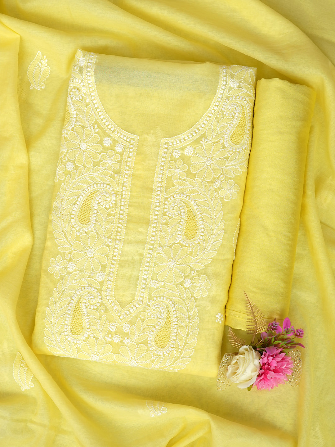 Ada Hand Embroidered Lemon Chanderi Lucknowi Chikankari Unstitched Suit Piece 01A1012758