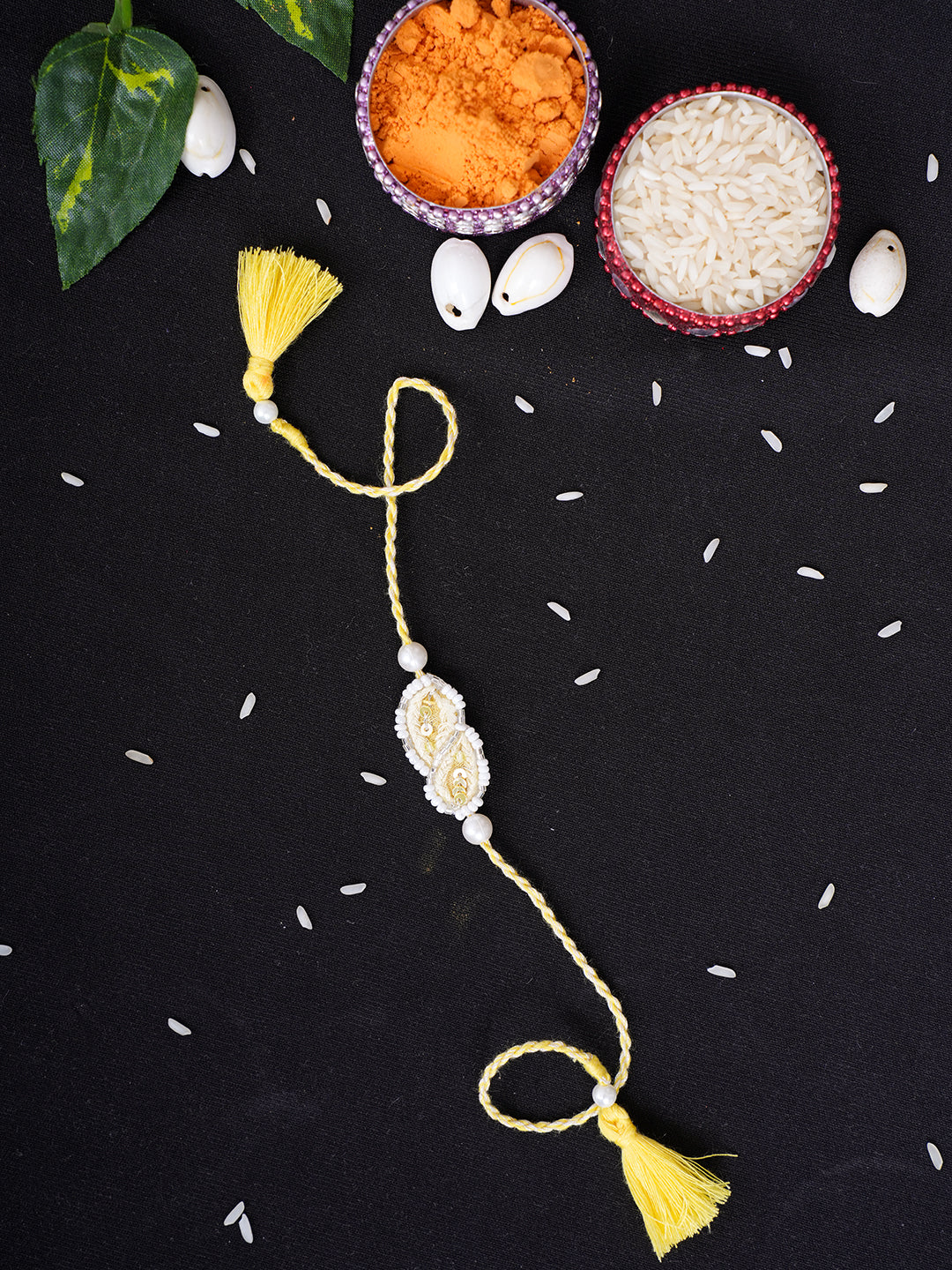 Ada Hand Embroidered Lemon Chanderi Raksha Sutra Rakhi With Cutdana Work_1