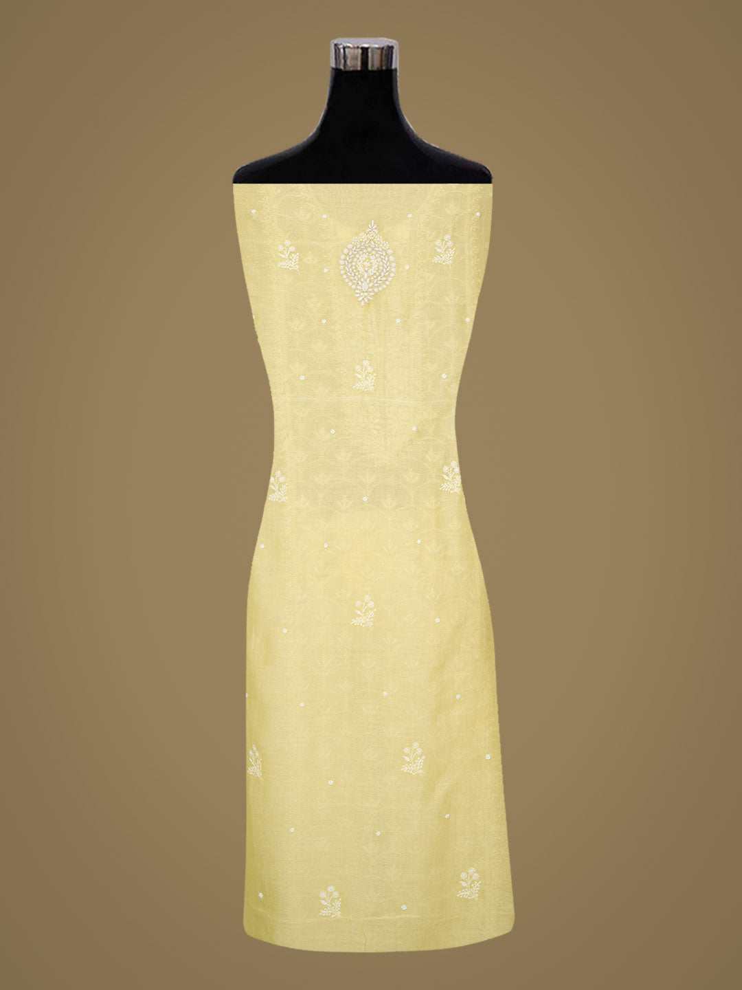 Ada Hand Embroidered Lemon Chanderi Unstitched Lucknowi Chikankari Kurta Dupatta Set With Pearl Work 01A977588