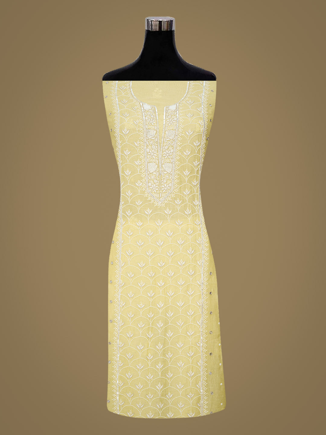Ada Hand Embroidered Lemon Chanderi Unstitched Lucknowi Chikankari Kurta Dupatta Set With Pearl Work 01A977588