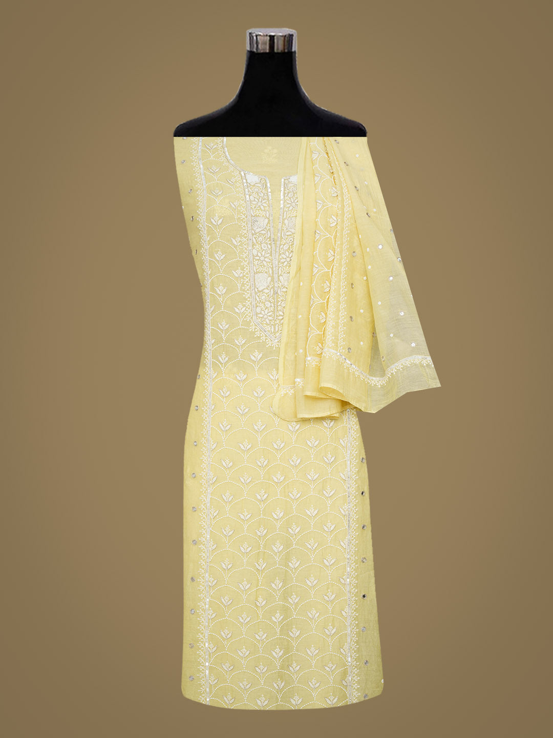 Ada Hand Embroidered Lemon Chanderi Unstitched Lucknowi Chikankari Kurta Dupatta With Pearl Work 01A977588