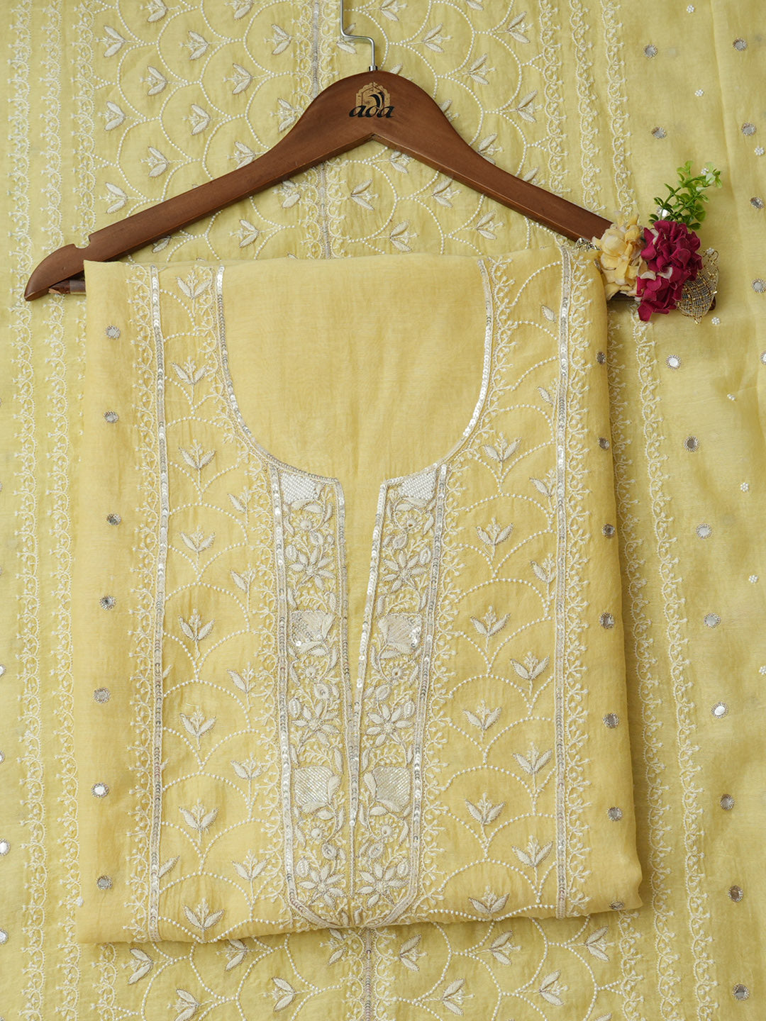 Ada Hand Embroidered Lemon Chanderi Unstitched Lucknowi Chikankari Kurta Dupatta With Pearl Work 01A977588