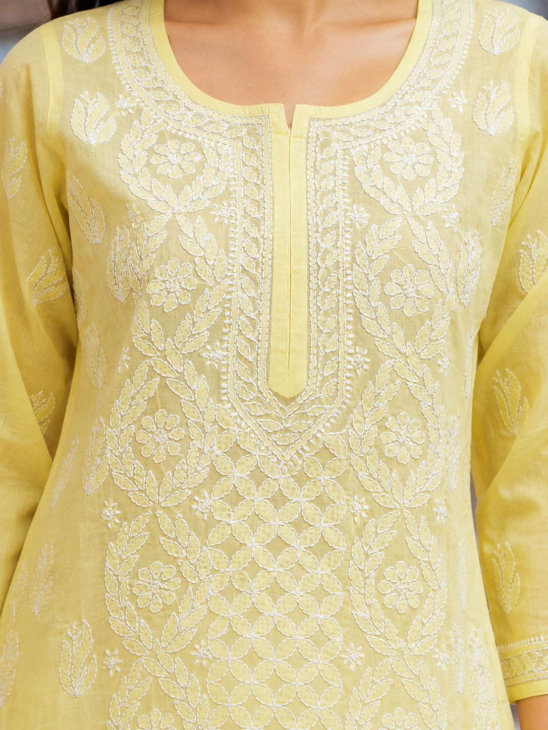 Ada Hand Embroidered Lemon Cotton Lucknowi Chikankari Short Kurti A911599_2