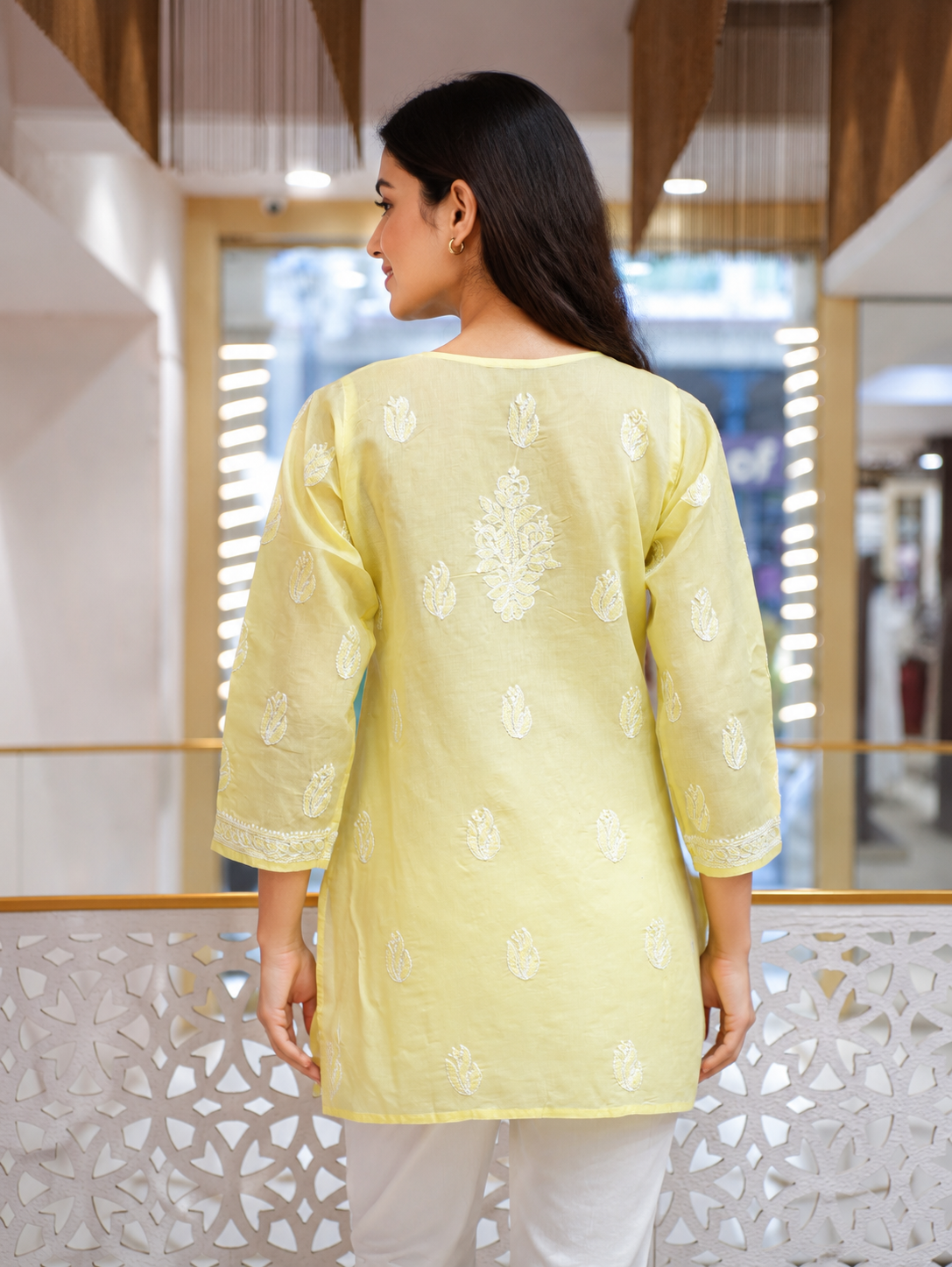 Ada Hand Embroidered Lemon Cotton Lucknowi Chikankari Short Kurti A911599_3