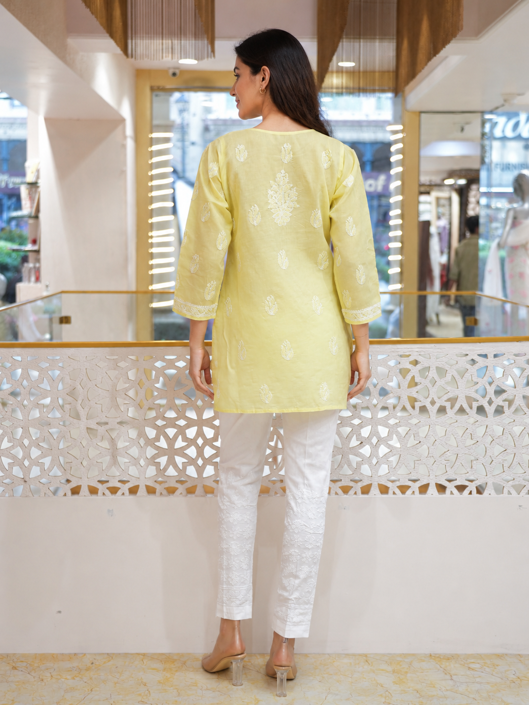 Ada Hand Embroidered Lemon Cotton Lucknowi Chikankari Short Kurti A911599_4