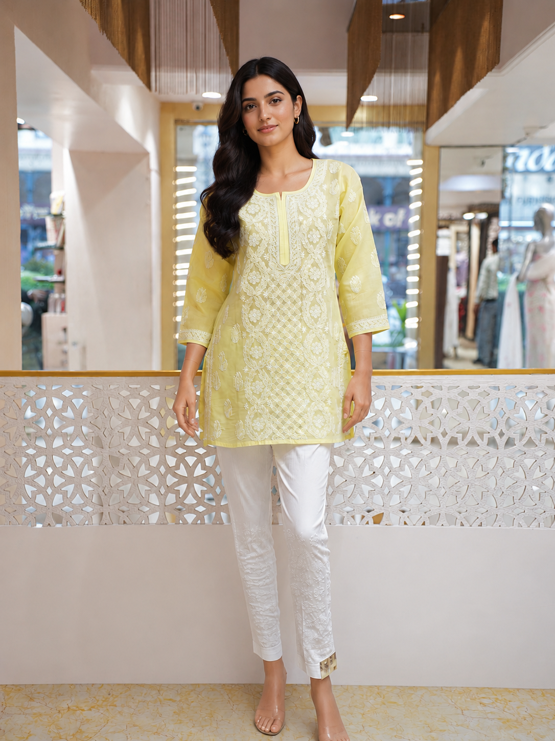 Ada Hand Embroidered Lemon Cotton Lucknowi Chikankari Short Kurti A911599_5