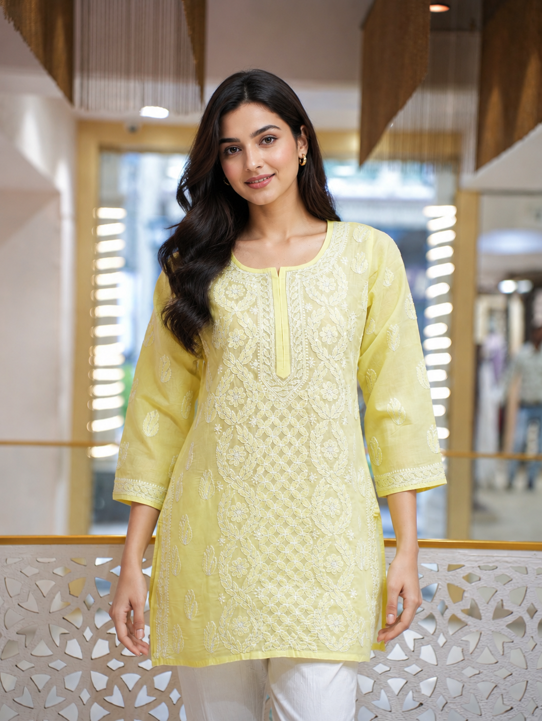 Ada Hand Embroidered Lemon Cotton Lucknowi Chikankari Short Kurti A911599_1