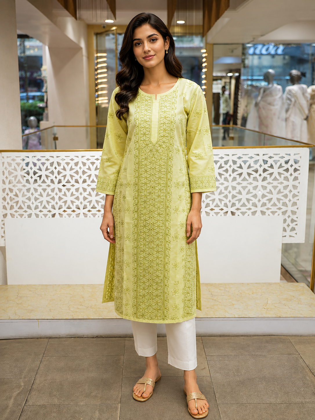 Ada Hand Embroidered Lemon Cotton Lucknowi Chikankari Straight Kurta A011142