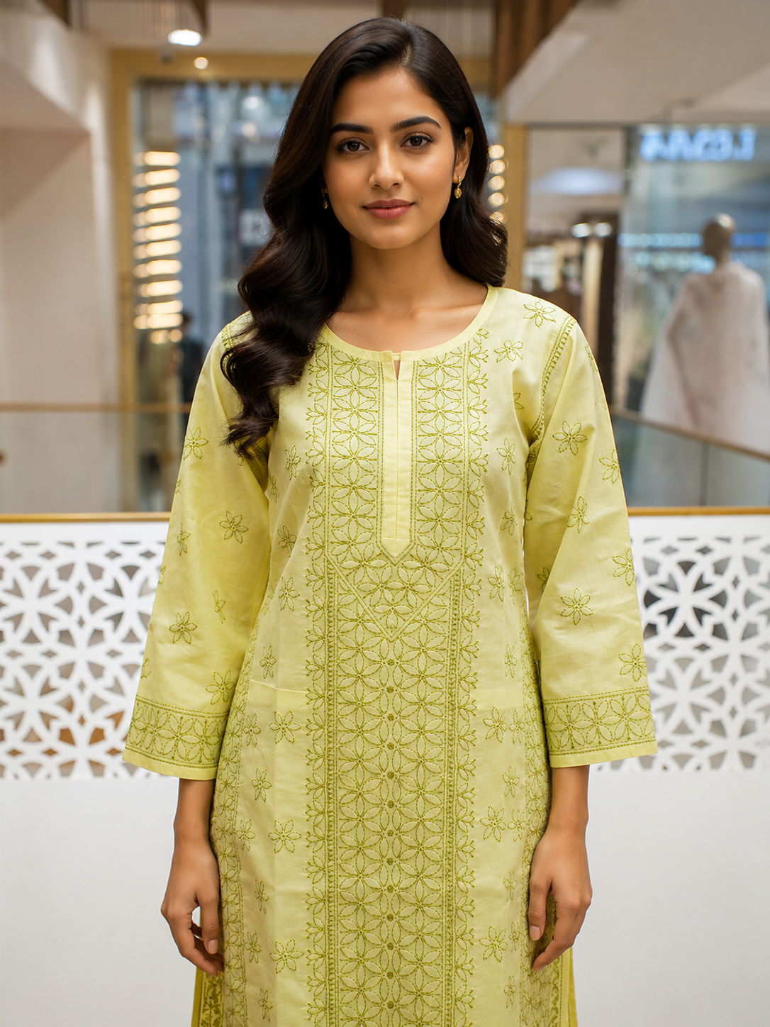 Ada Hand Embroidered Lemon Cotton Lucknowi Chikankari Straight Kurta A011142