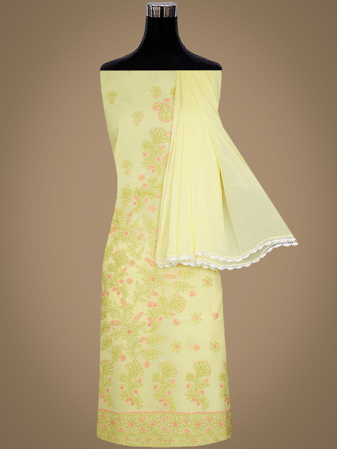 Ada Hand Embroidered Lemon Cotton Lucknowi Chikankari Unstitched Suit Piece With Chiffon Dupatta 01A1025741_3