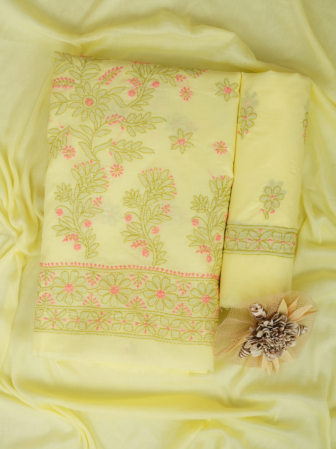 Ada Hand Embroidered Lemon Cotton Lucknowi Chikankari Unstitched Suit Piece With Chiffon Dupatta 01A1025741_1