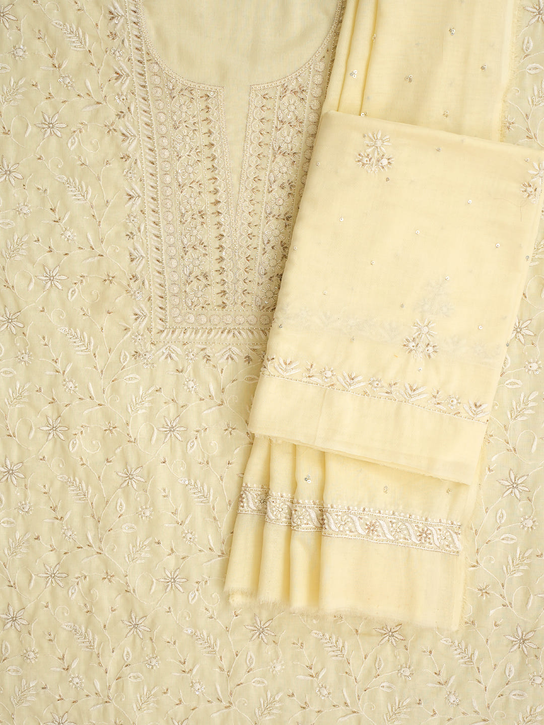Ada Hand Embroidered Lemon Cotton Lucknowi Chikankari Unstitched Suit Piece With Cutdana Work 01A369746_4