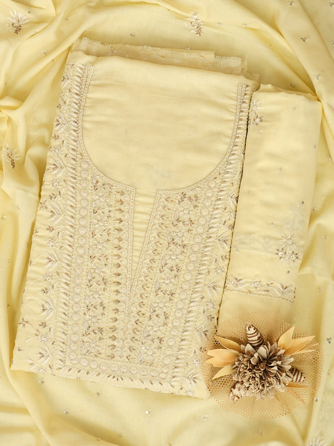 Ada Hand Embroidered Lemon Cotton Lucknowi Chikankari Unstitched Suit Piece With Cutdana Work 01A369746_1
