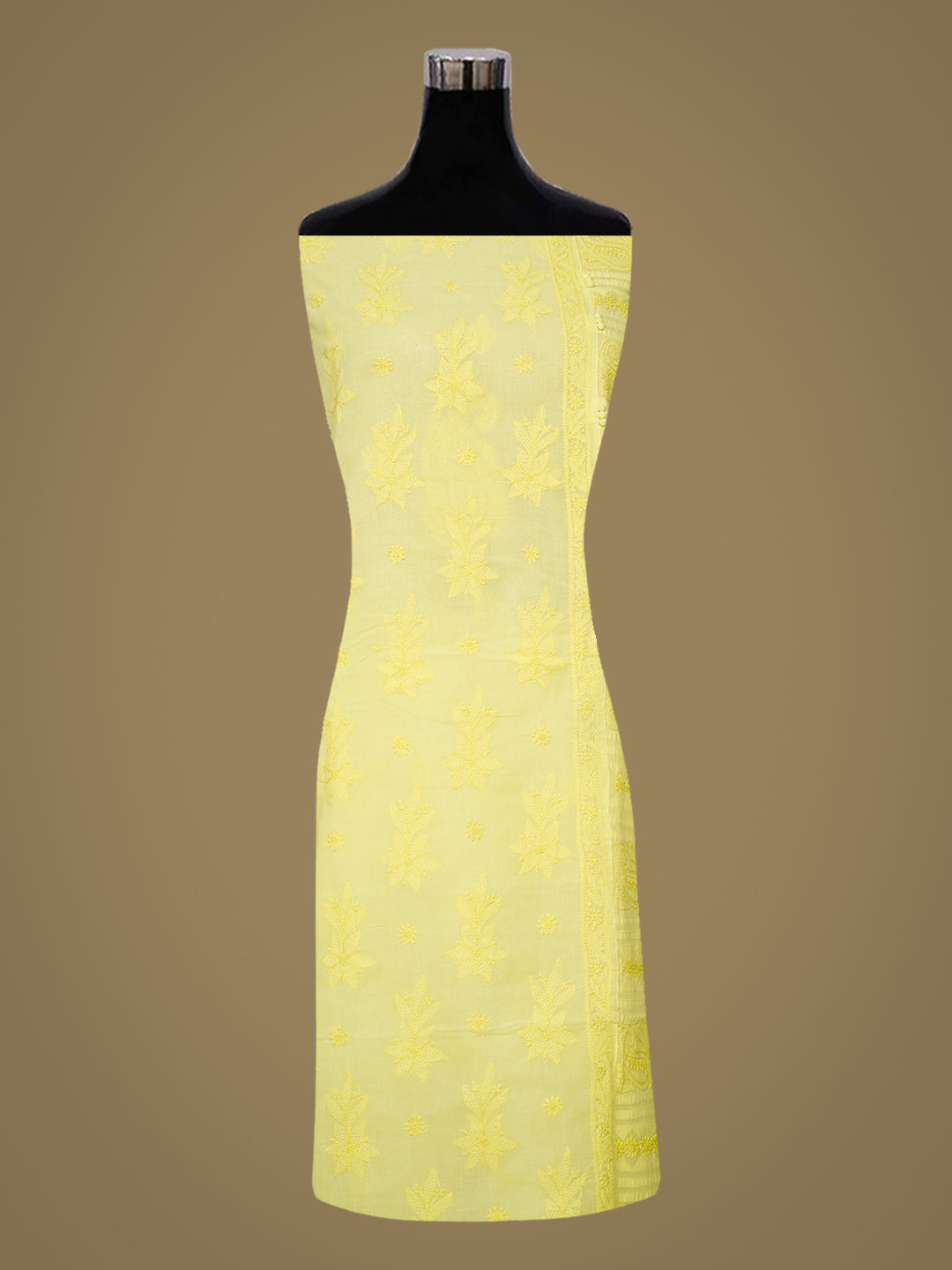 Ada Hand Embroidered Lemon Cotton Lucknowi Chikankari Unstitched Suit Set With Chiffon Dupatta 01A981311