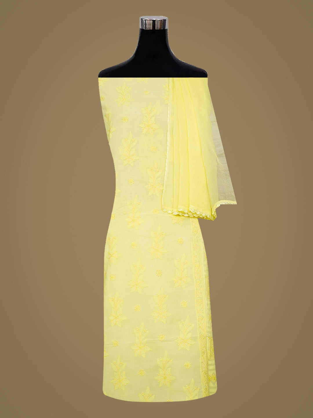 Ada Hand Embroidered Lemon Cotton Lucknowi Chikankari Unstitched Suit Set With Chiffon Dupatta 01A981311