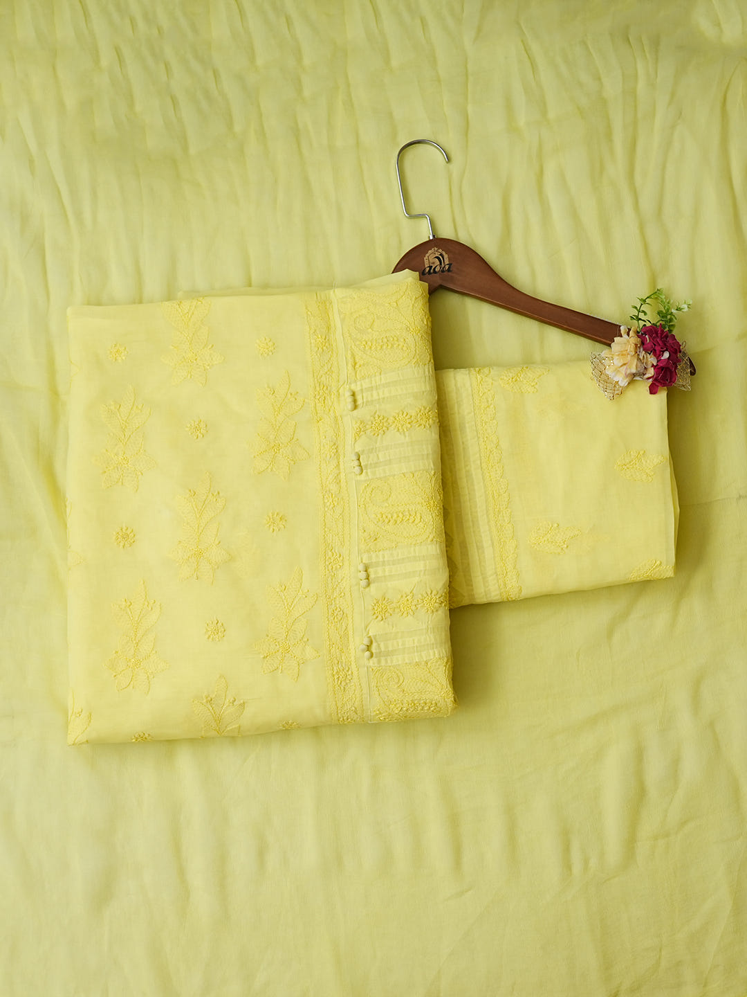 Ada Hand Embroidered Lemon Cotton Lucknowi Chikankari Unstitched Suit Set With Chiffon Dupatta 01A981311