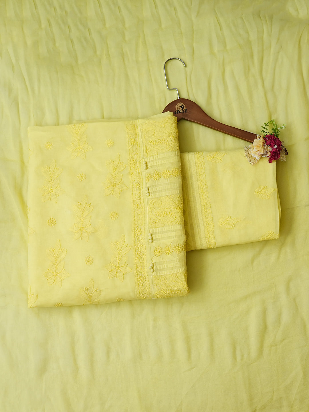 Ada Hand Embroidered Lemon Cotton Lucknowi Chikankari Unstitched Suit Set With Chiffon Dupatta 01A981311