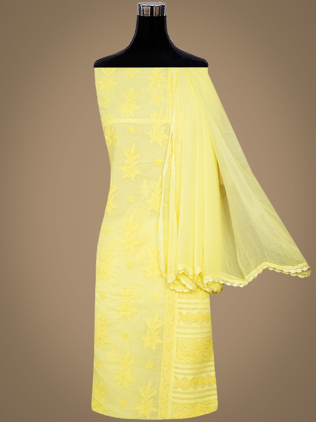 Ada Hand Embroidered Lemon Cotton Lucknowi Chikankari Unstitched Suit Set With Chiffon Dupatta 01A981312