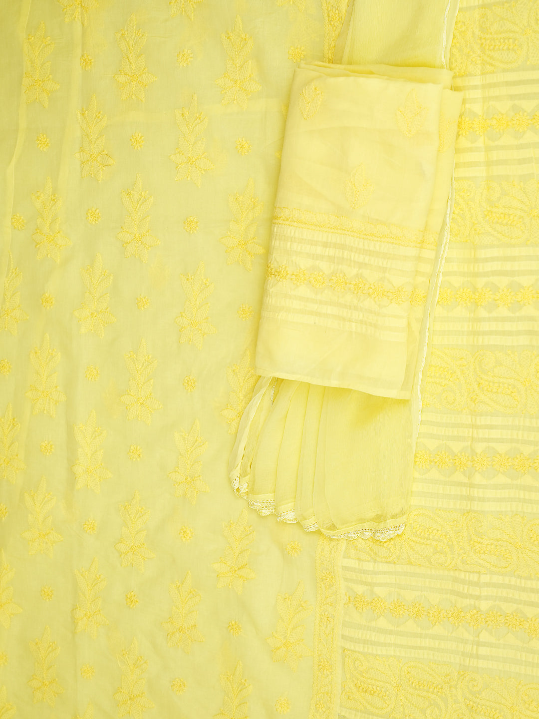 Ada Hand Embroidered Lemon Cotton Lucknowi Chikankari Unstitched Suit Set With Chiffon Dupatta 01A981312