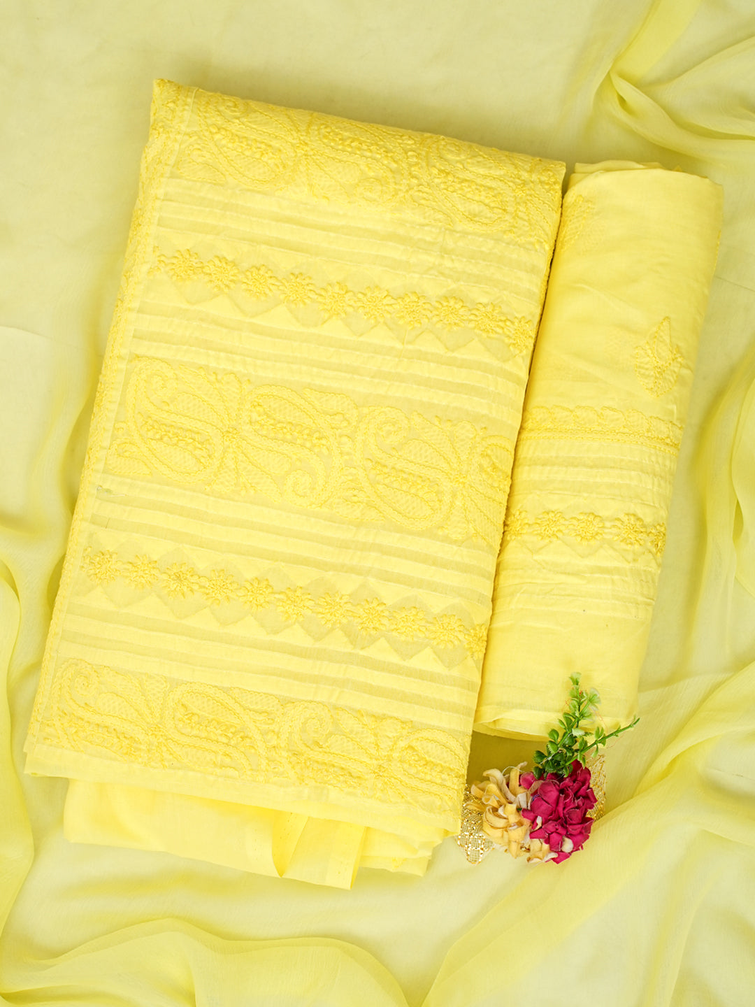 Ada Hand Embroidered Lemon Cotton Lucknowi Chikankari Unstitched Suit Set With Chiffon Dupatta 01A981312
