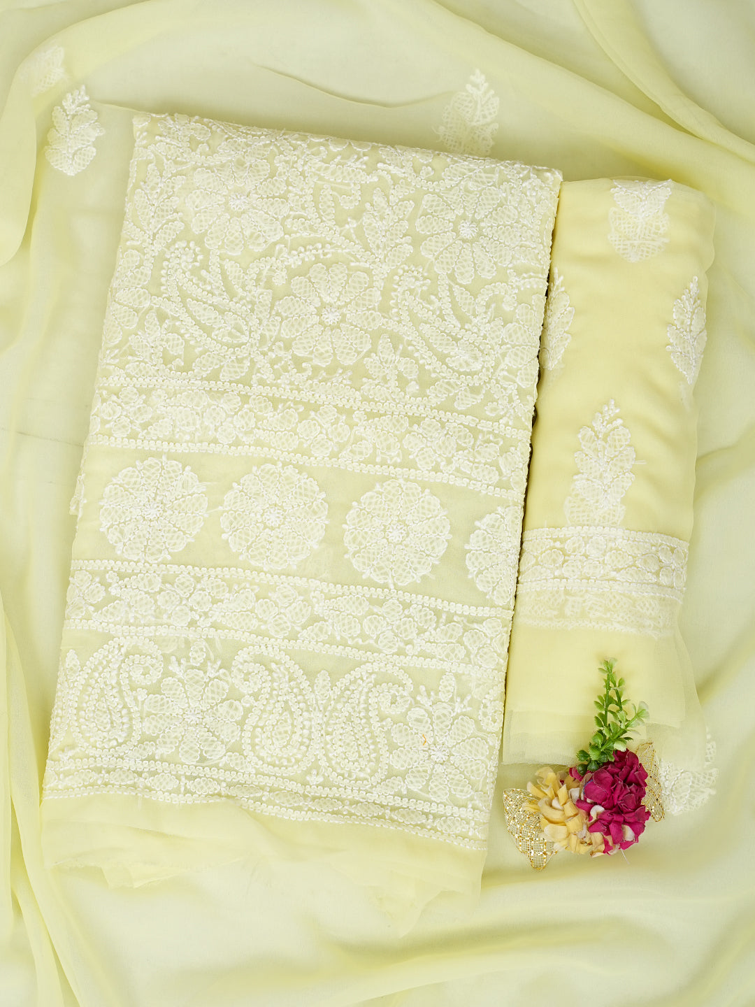 Ada Hand Embroidered Lemon Georgette Lucknowi Chikankari Unstitched Suit Piece 07A502059