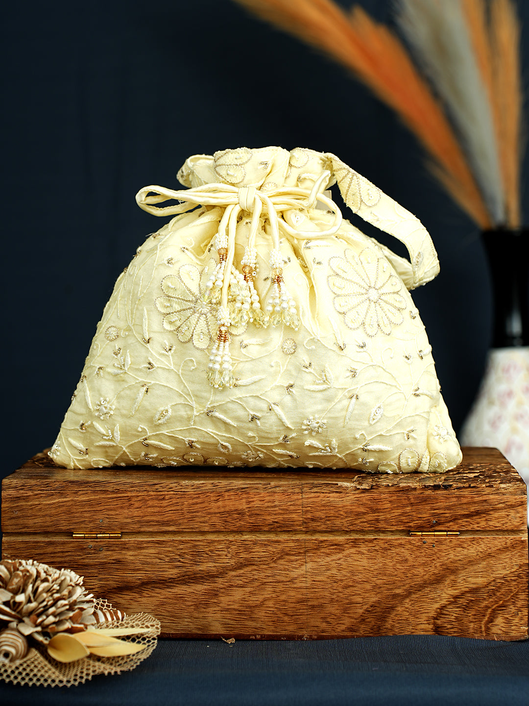 Ada Hand Embroidered Lemon Organza Lucknowi Chikankari Potli Bag With Sequinned Work 01A1006720