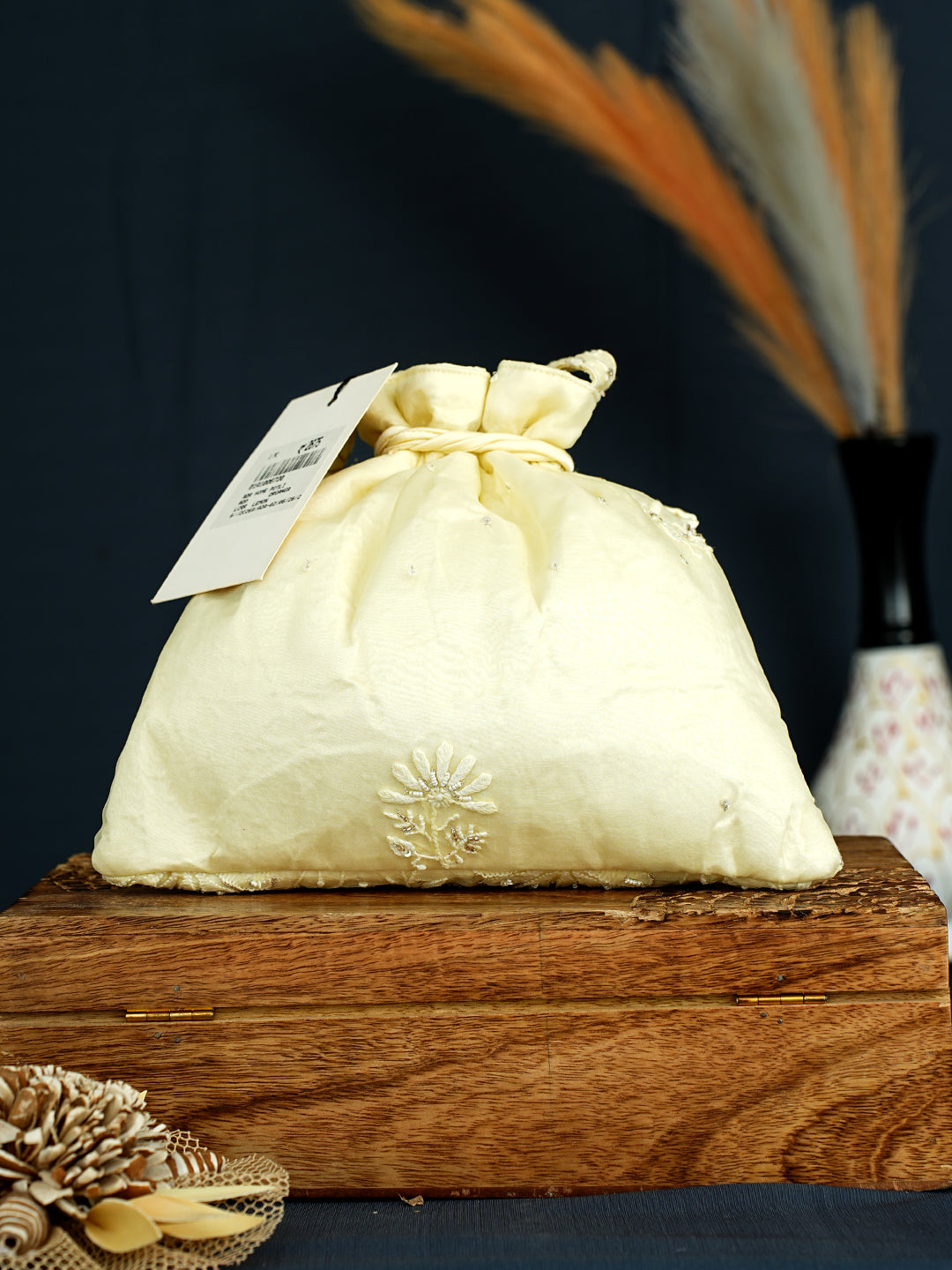 Ada Hand Embroidered Lemon Organza Lucknowi Chikankari Potli Bag With Sequinned Work 01A1006720