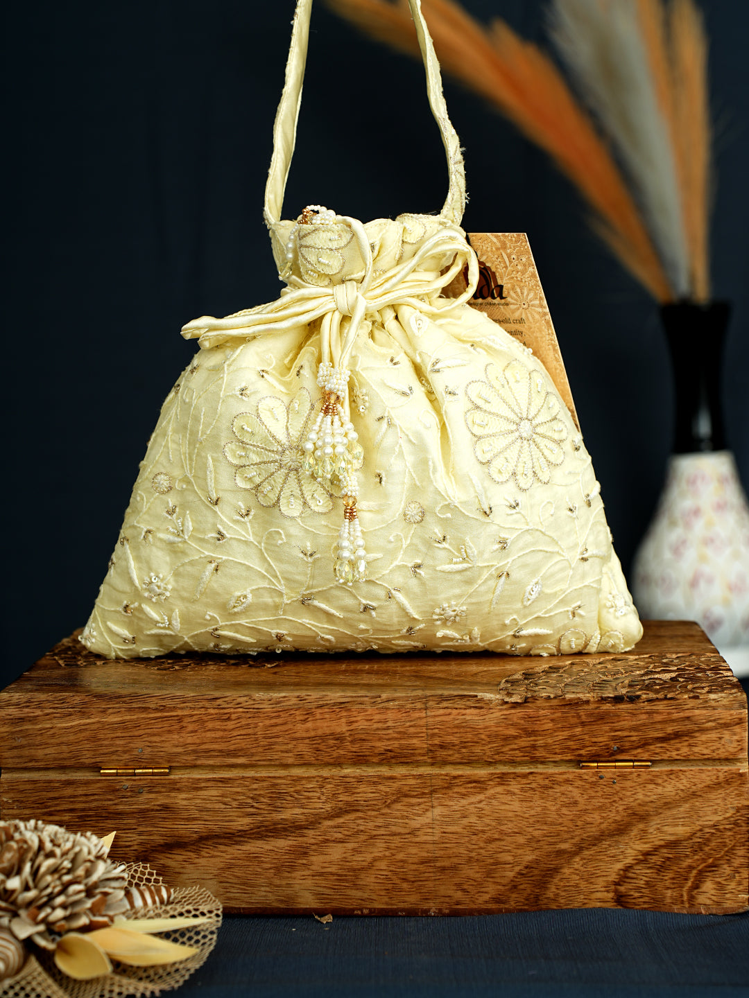 Ada Hand Embroidered Lemon Organza Lucknowi Chikankari Potli Bag With Sequinned Work 01A1006720