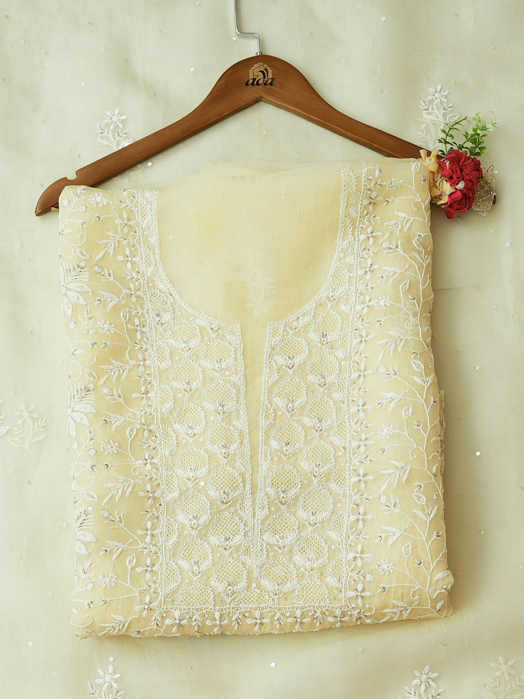 Ada Hand Embroidered Lemon Organza Lucknowi Chikankari Unstitched Kurta Dupatta With Cutdana Work 01A908323
