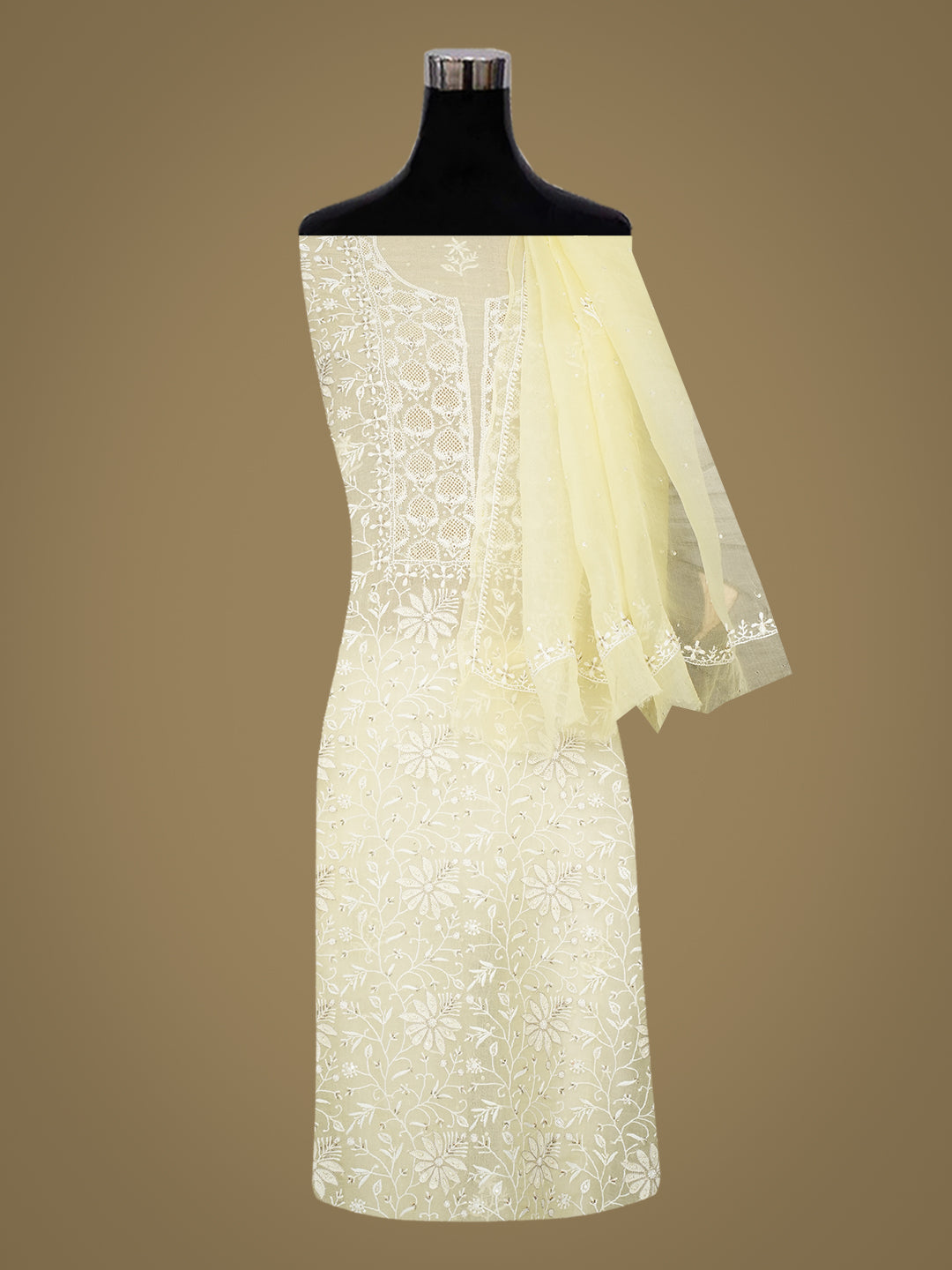 Ada Hand Embroidered Lemon Organza Lucknowi Chikankari Unstitched Kurta Dupatta With Cutdana Work 01A908323