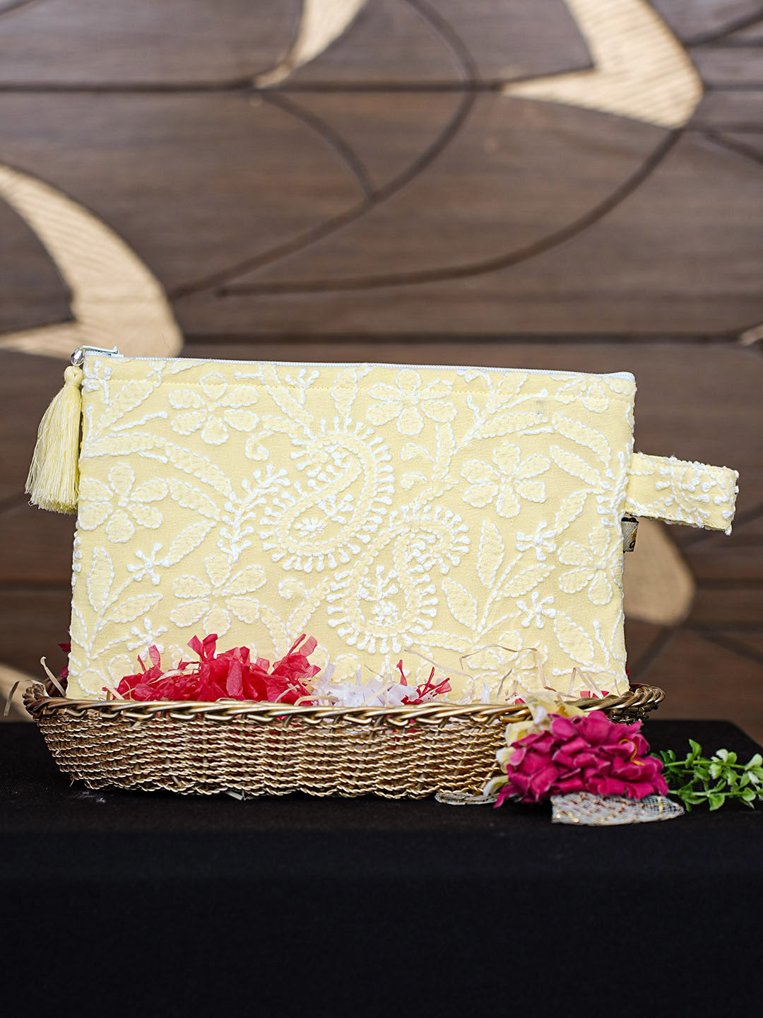Ada Hand Embroidered Lemon Pure Georgette Lucknowi Chikankari Pouch 01A965110